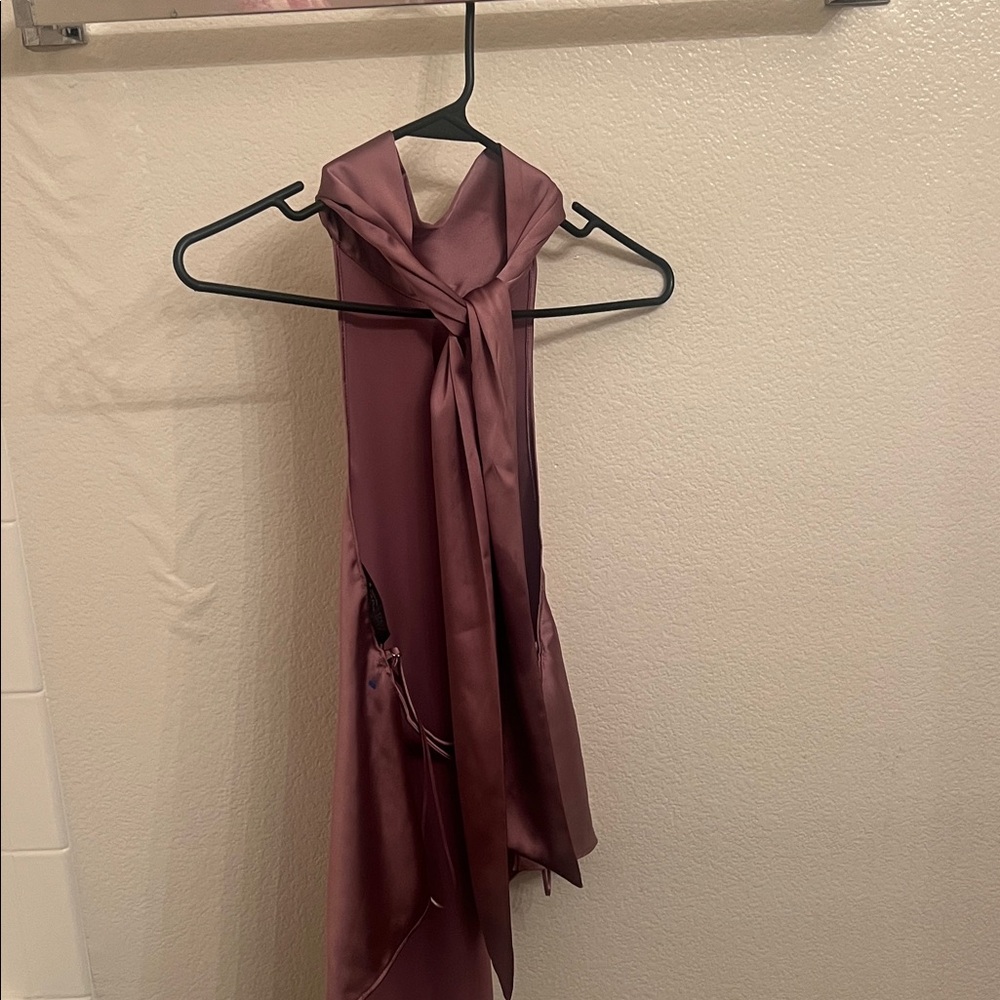 Zara Mauve Satin Tie-Neck Blouse